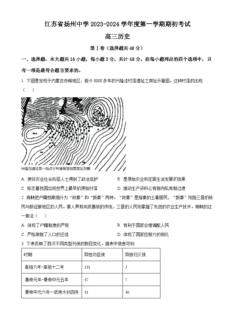 2024扬州中学高三上学期开学考试历史试题含解析01