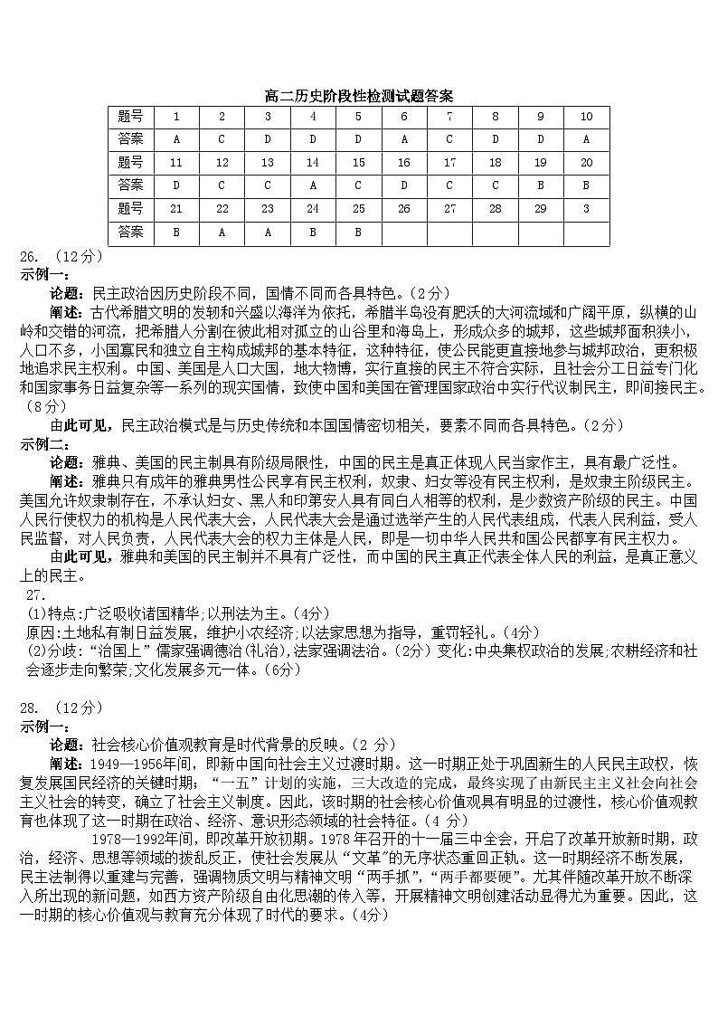 山东省禹城市重点高中2023-2024学年高二上学期9月阶段性考试历史试题01