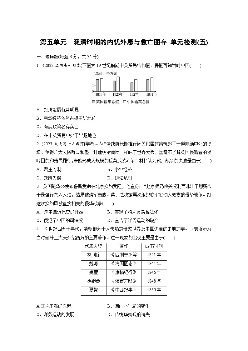 第五单元 晚清时期的内忧外患与救亡图存 单元检测---2023-2024学年高中历史统编版（部编版）必修 中外历史纲要（上）01