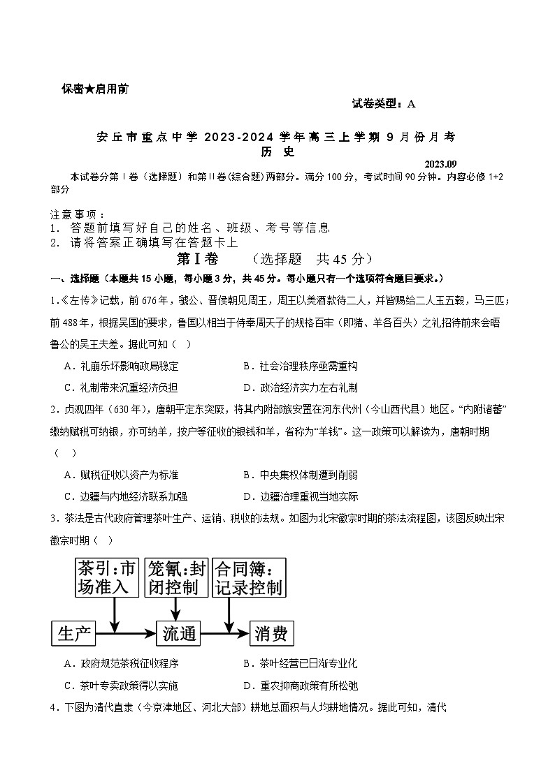 山东省安丘市重点中学2023-2024学年高三上学期9月份月考历史试题（含解析）第1页