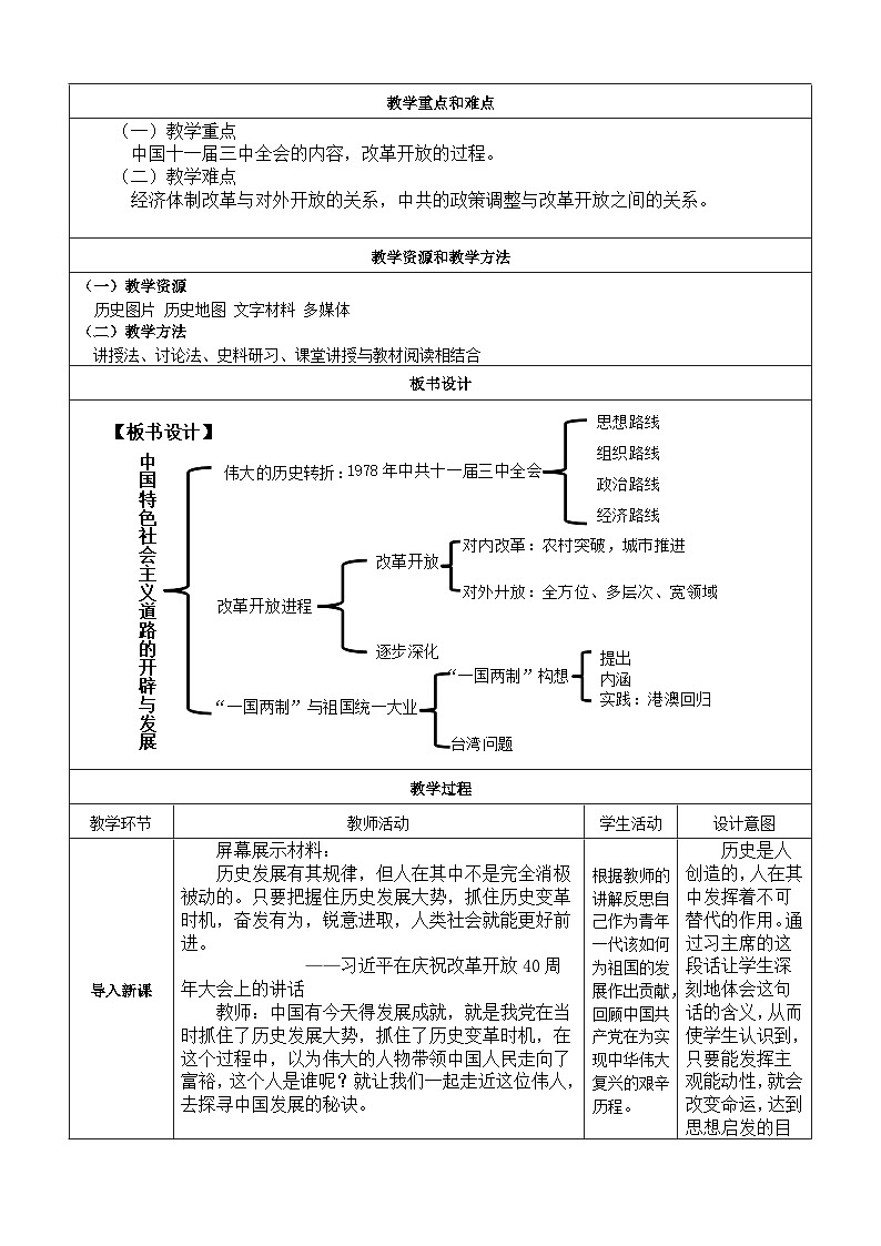 第28课 中国特色社会主义道路的开辟与发展【教学设计】（表格式）--2023-2024学年高一上学期历史统编版（2019）必修中外历史纲要上02