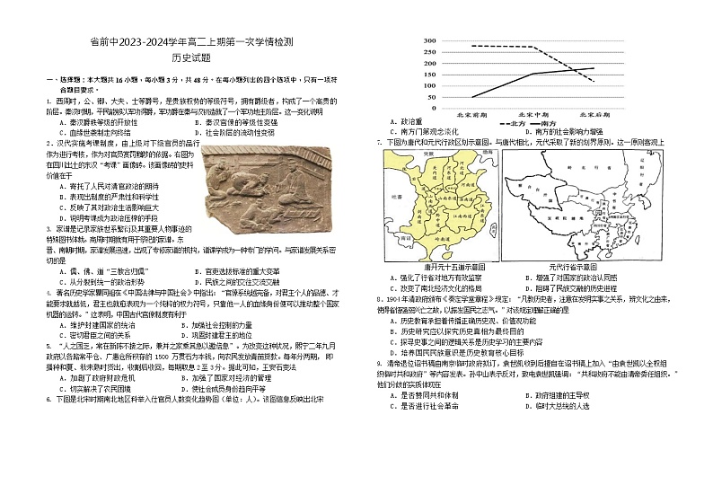 江苏省省前中2023-2024学年高二上学期第一次学情检测历史试题（含答案）01