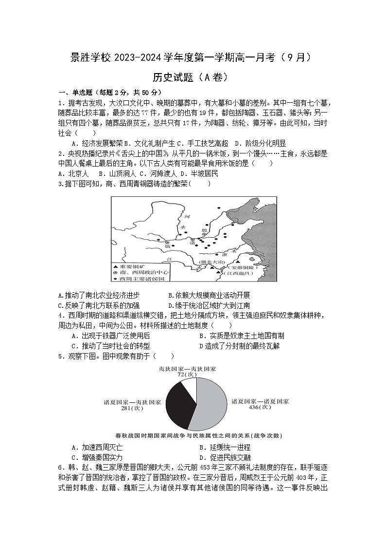 山西省运城市景胜学校（东校区）2023-2024学年高一上学期9月考历史A卷第1页