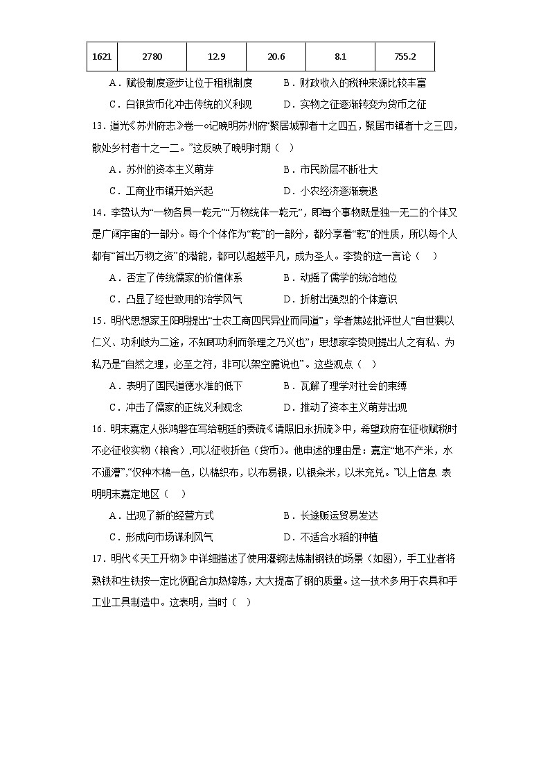 第14课 明至清中叶的经济与文化 检测练习（含答案）2023-2024学年高中历史统编版（2019）中外历史纲要上册03