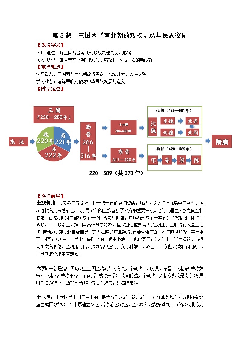 第5课 三国两晋南北朝的政权更迭与民族交融【学案】 2023-2024学年高中历史人教统编版中外历史纲要上册第1页
