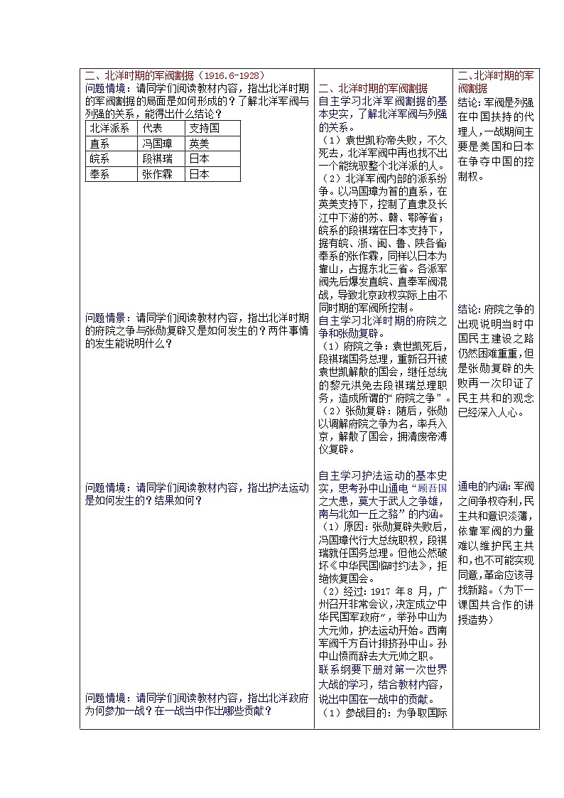 第19课 北洋军阀统治时期的政治、经济与文化  教案（表格式）--2023-2024学年高中历史人教统编版中外历史纲要上册03