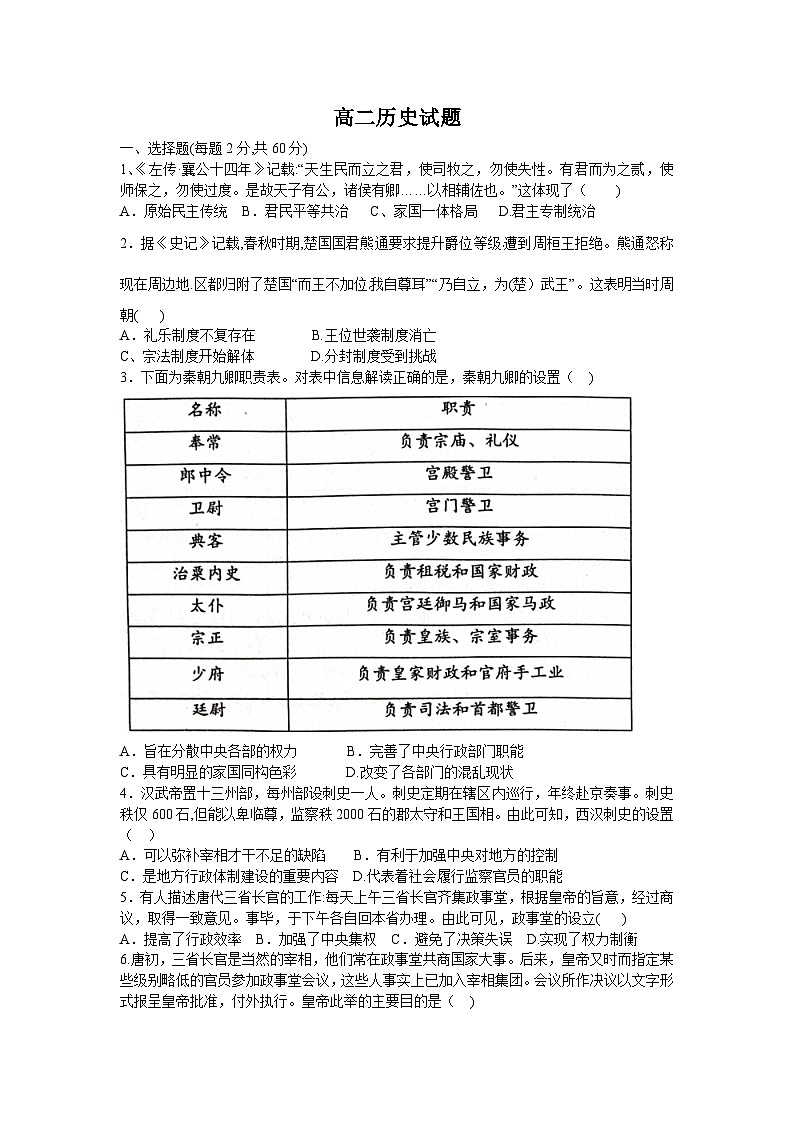 山东省鄄城县重点中学2023-2024学年高二上学期9月月考历史试题（含答案）第1页