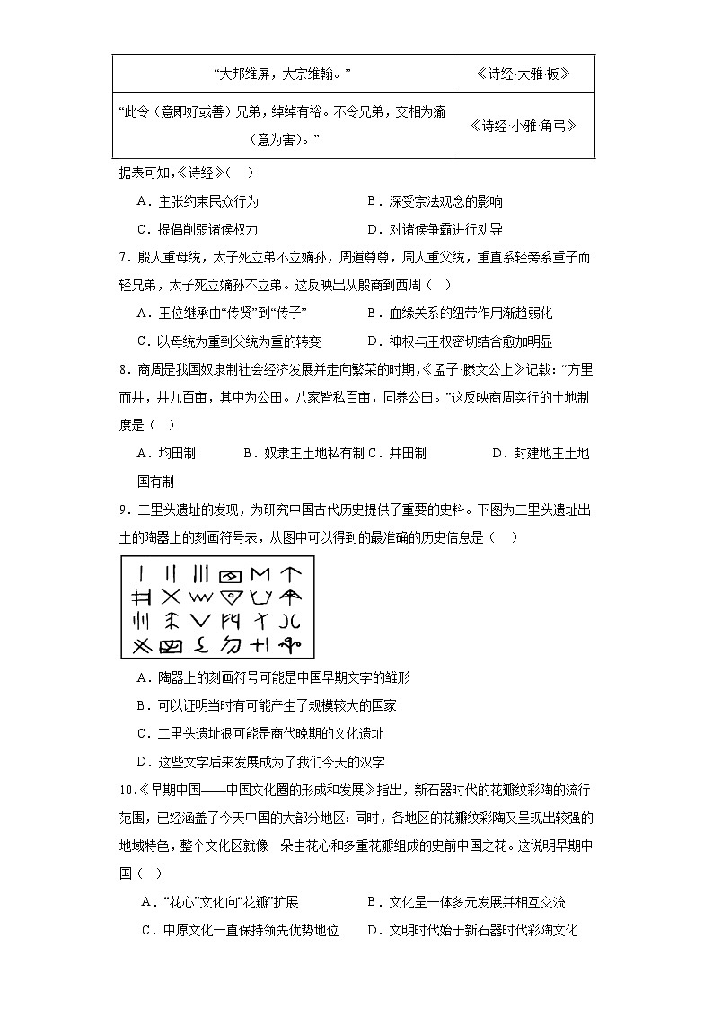 第1课 中华文明的起源与早期国家 同步练习（含解析）2023-2024学年高中历史统编版（2019）必修中外历史纲要上册02