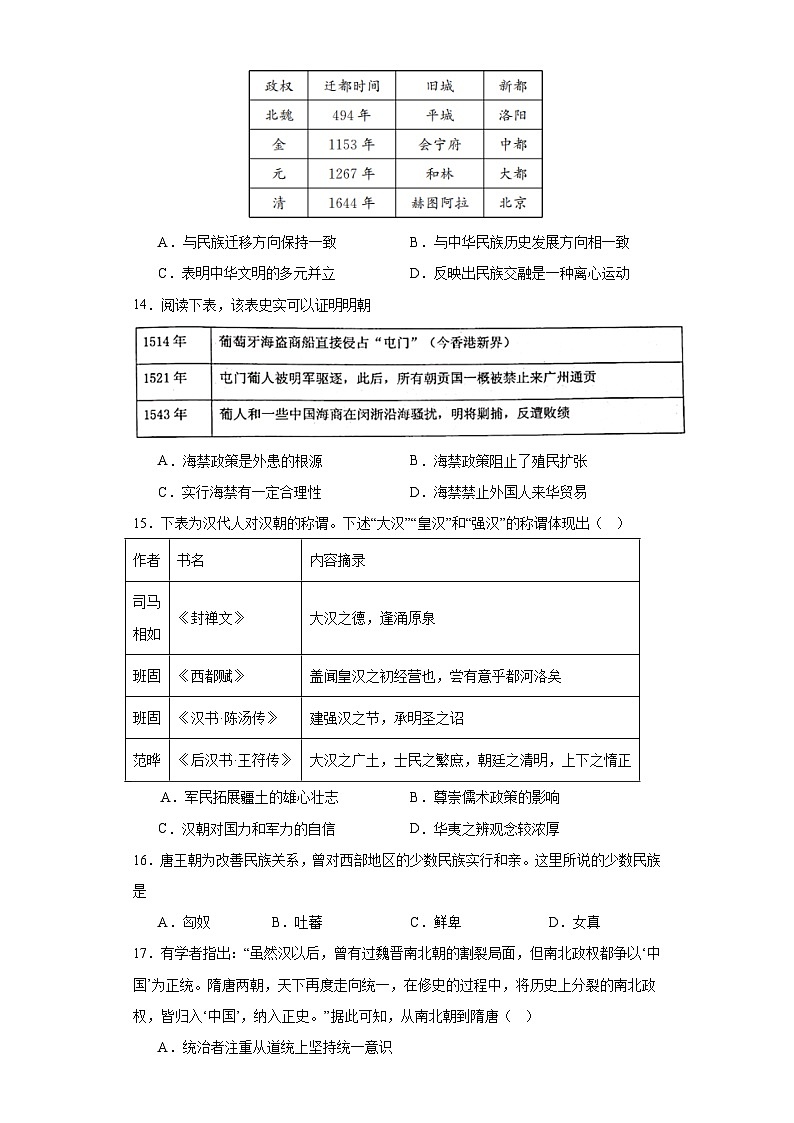 第11课 中国古代的民族关系与对外交往 测试卷（含答案） 2023-2024学年统编版（2019）历史选择性必修103