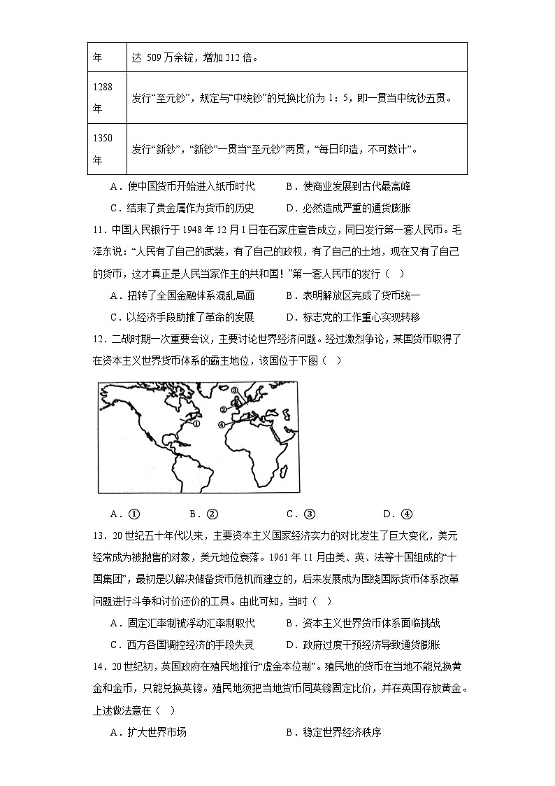 第15课 货币的使用与世界货币体系的形成 综合测试--2023-2024学年高中历史统编版（2019）选择性必修1国家制度与社会治理03