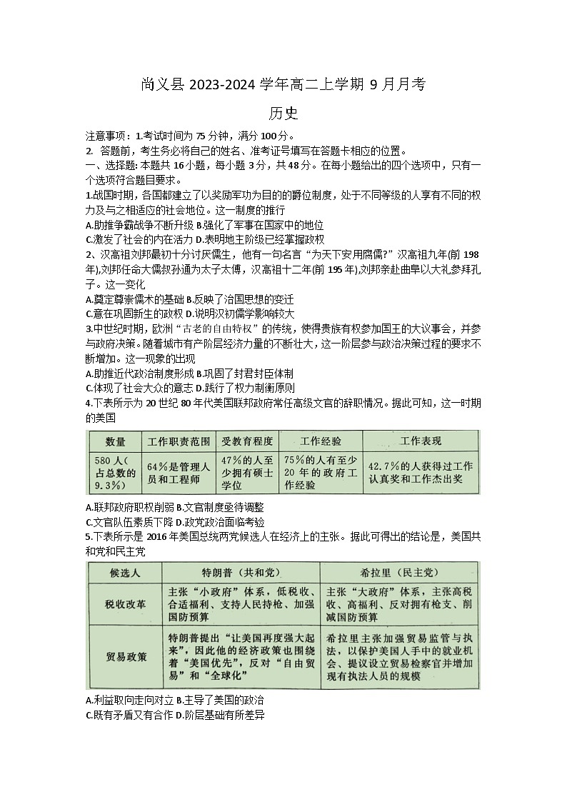 河北省尚义县2023-2024学年高二上学期9月月考历史试题（含答案）01