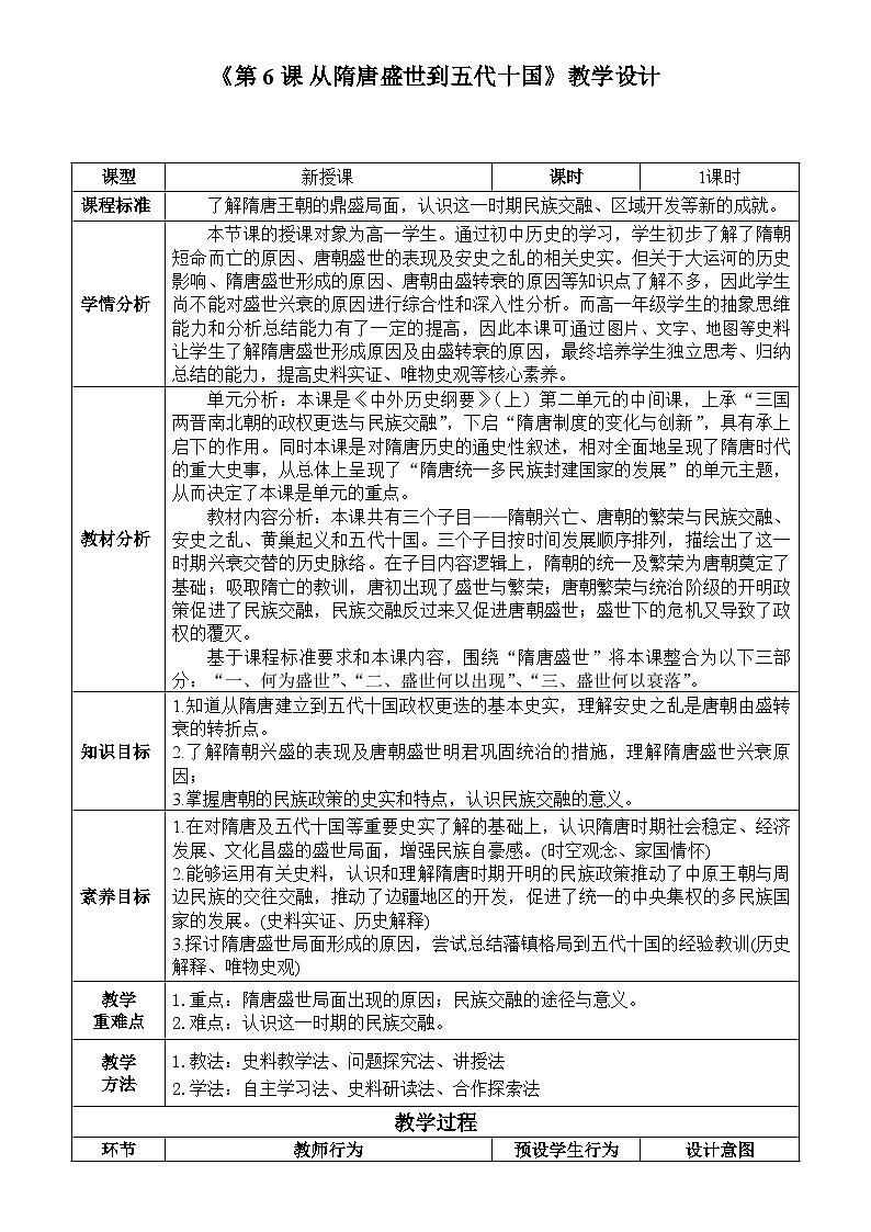 第6课 从隋唐盛世到五代十国 教学设计（表格式）--2023-2024学年高一上学期统编版（2019）必修中外历史纲要上01