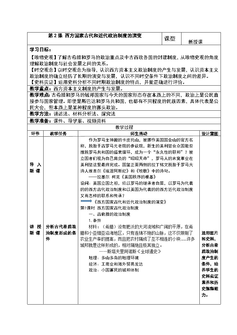 第2课 西方国家古代和近代政治制度的演变 教学设计（表格式）  2023-2024学年高中历史统编版（2019）选择性必修101