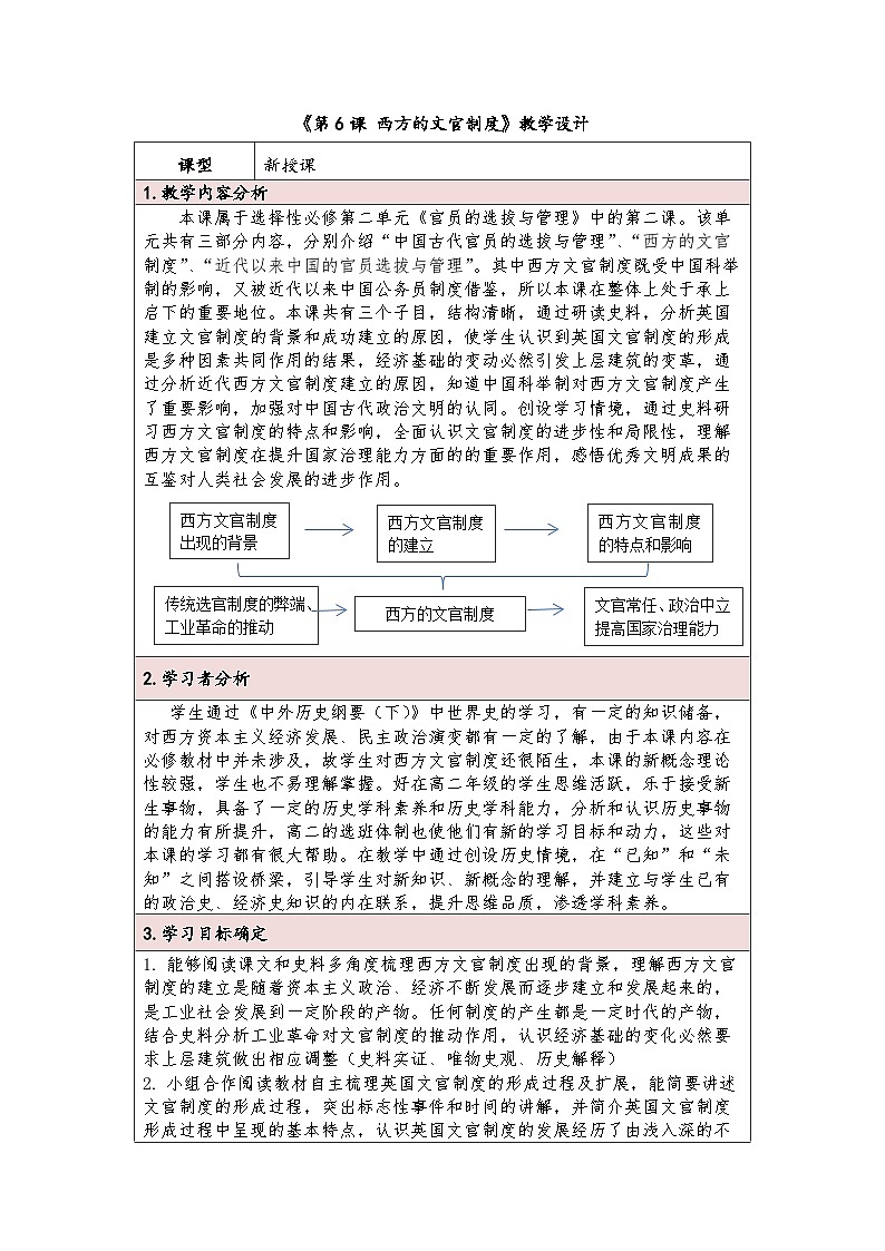 第6课   西方的文官制度   教学设计（表格式）---2023-2024学年高中历史统编版（2019）选择性必修1第1页