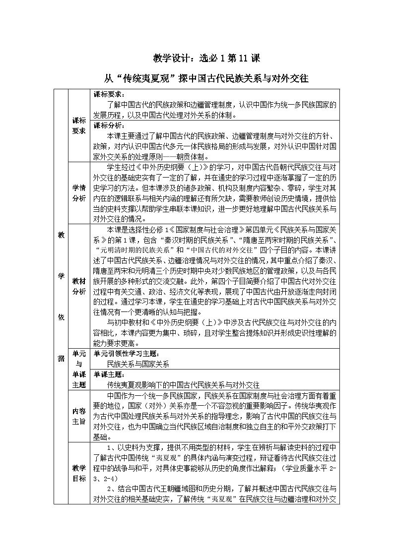 第11课 中国古代的民族关系与对外交往 教学设计（表格式）--2023-2024学年高中历史统编版（2019）选择性必修1第1页