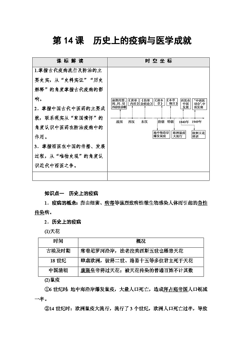 第14课 历史上的疫病与医学成就 学案（含解析）2023-2024学年高二历史人教统编版选择性必修201