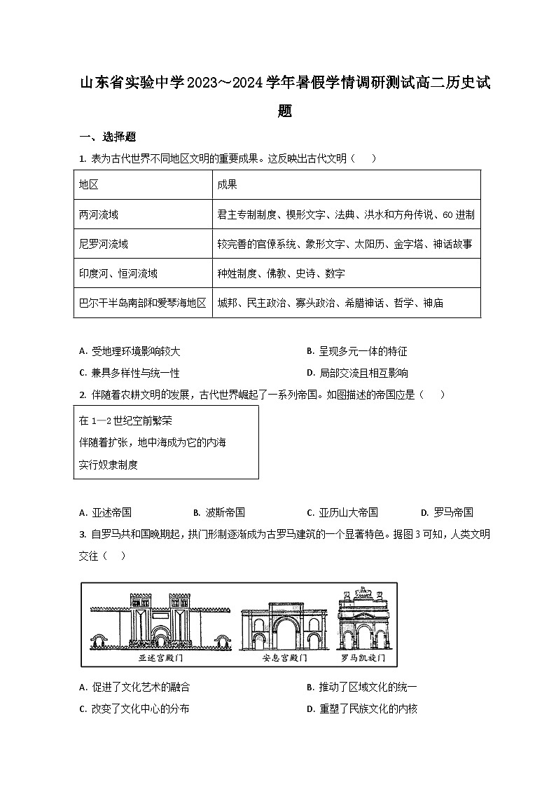 山东省济南市山东省实验中学2023-2024学年高二上学期开学检测历史试题第1页