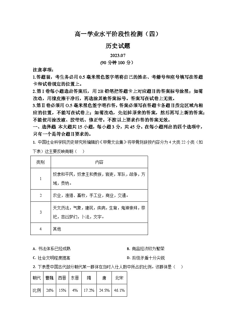 山东省青岛市莱西市2022-2023学年高一下学期期末历史试题第1页