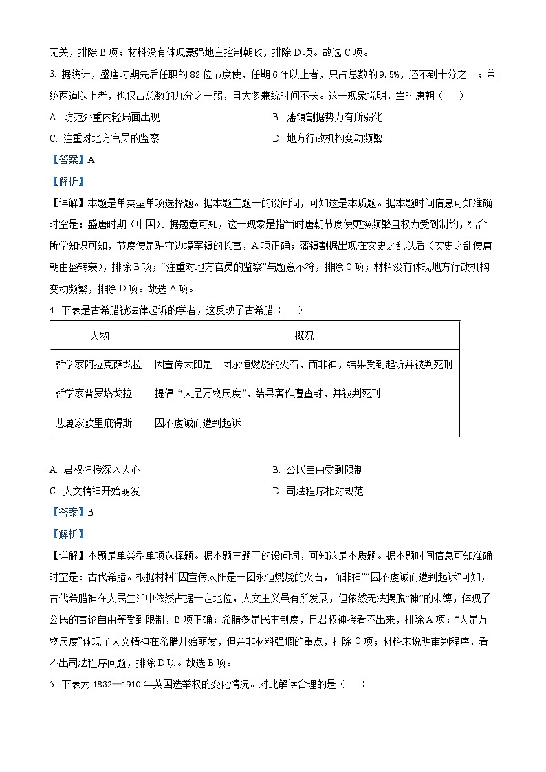 2024浙江省浙南名校联盟高二上学期10月联考历史试题含解析02