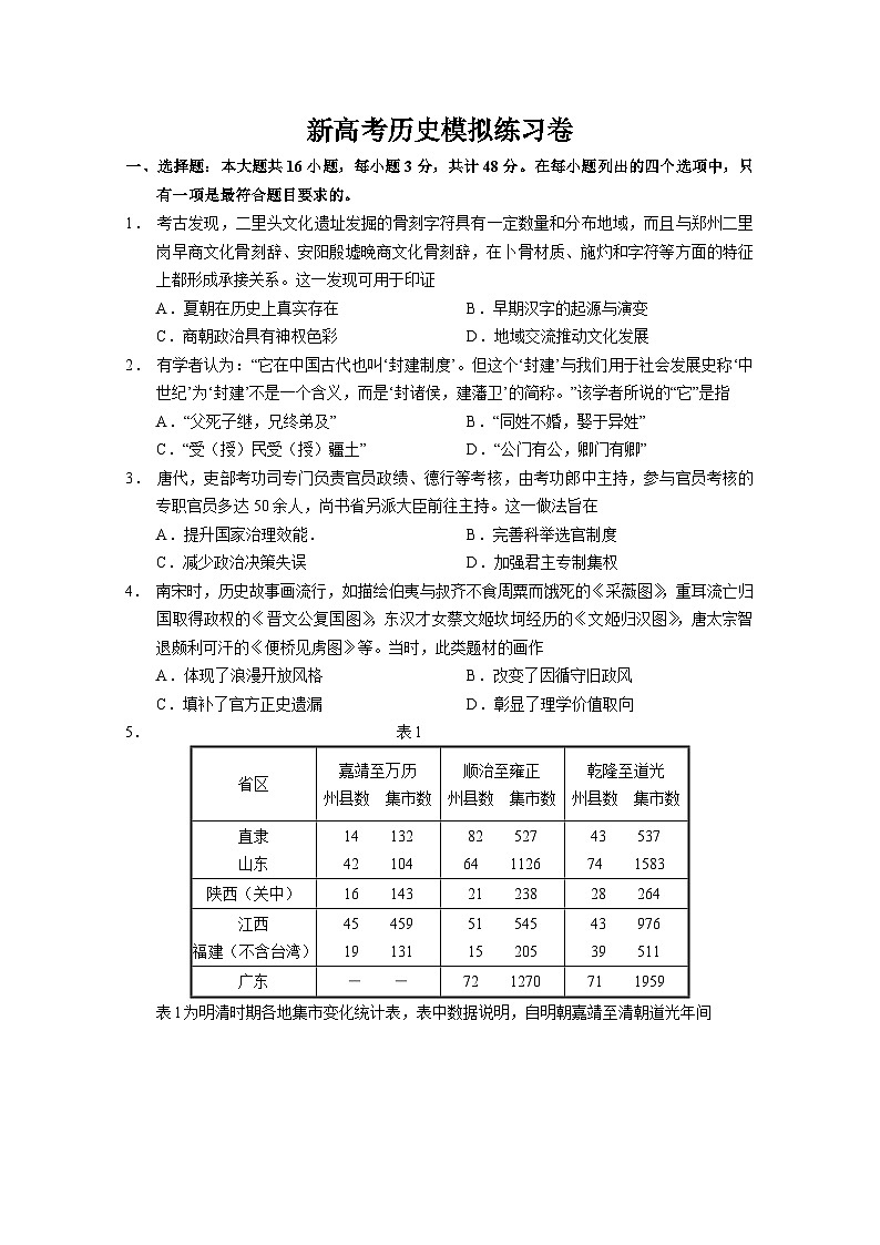 新高考历史模拟练习卷29（含答案）第1页