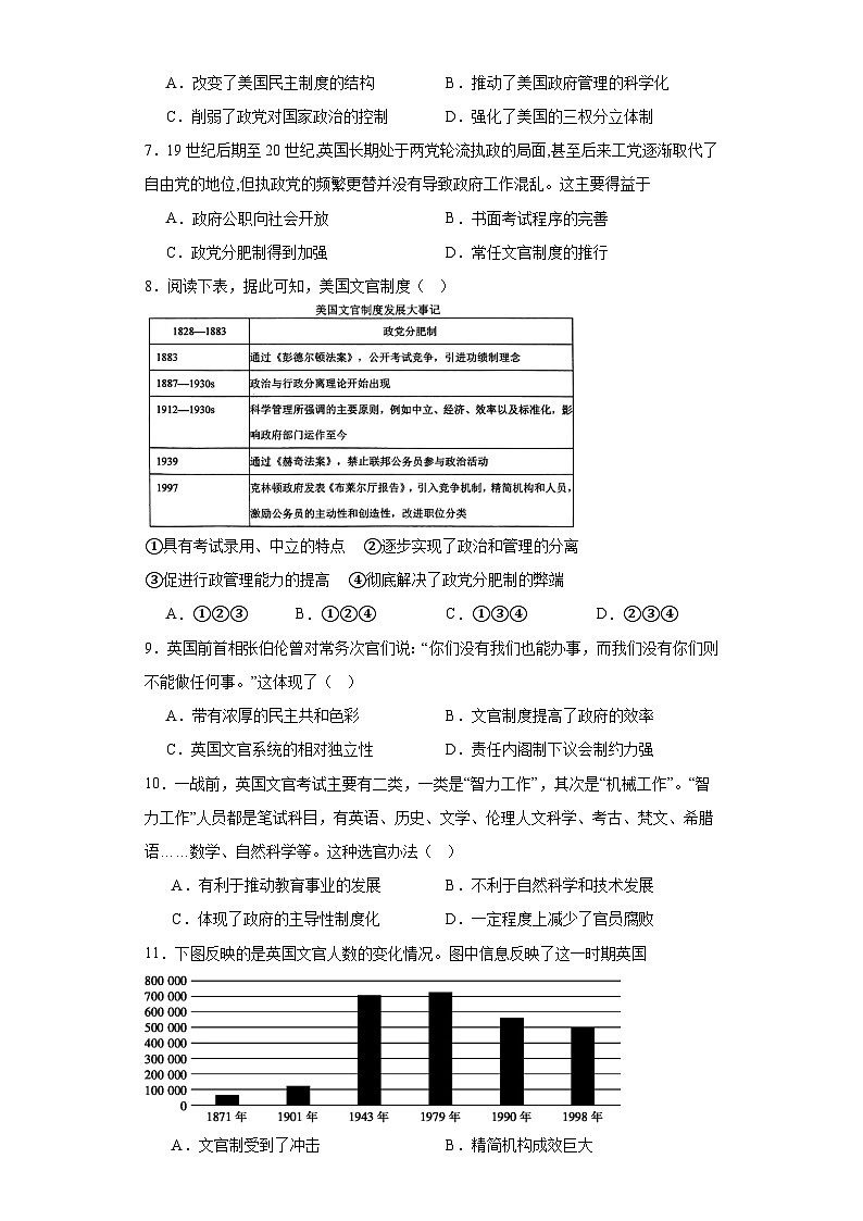 第6课 西方的文官制度 检测卷（含答案）2023-2024学年高中历史统编版（2019）选择性必修一第2页