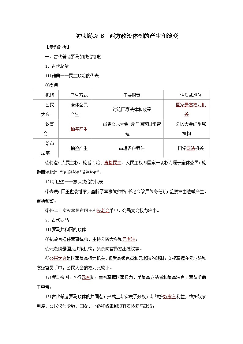 新高考历史三轮复习冲刺练习6西方政治体制的产生和演变（含解析）01