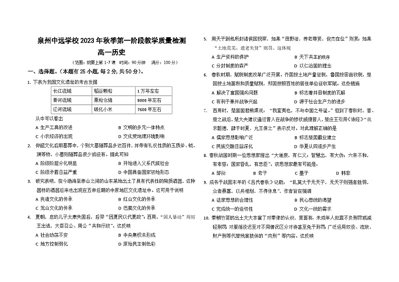 福建省泉州中远学校2023-2024学年高一上学期第一阶段性教学质量检测历史试题（月考）第1页