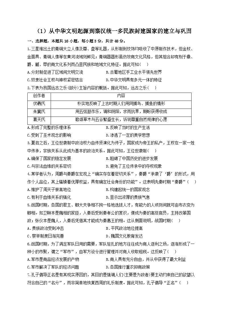 新高考历史一轮复习单元检测 （1）从中华文明起源到秦汉统一多民族封建国家的建立与巩固（含解析）第1页