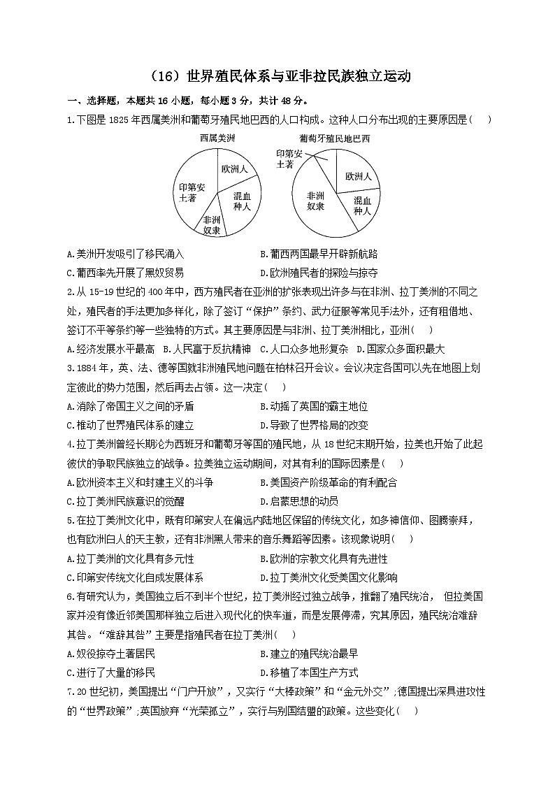 新高考历史一轮复习单元检测（16）世界殖民体系与亚非拉民族独立运动（含解析）第1页
