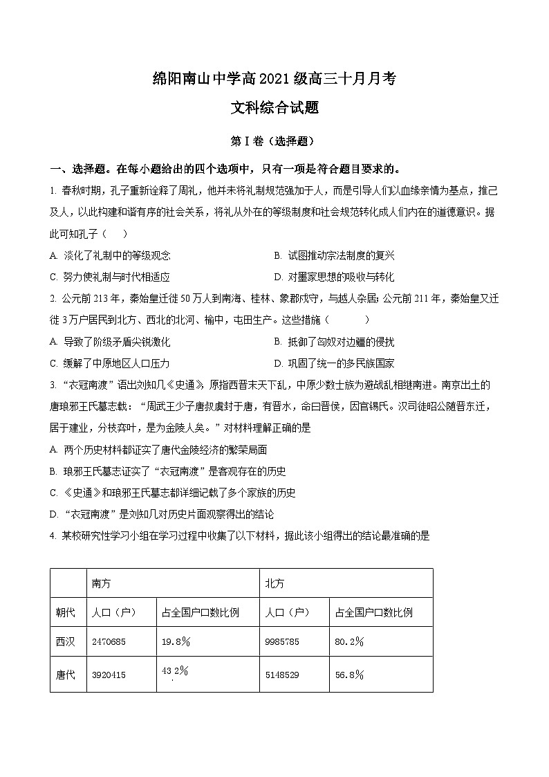 2024绵阳南山中学高三上学期10月月考历史试题含解析01