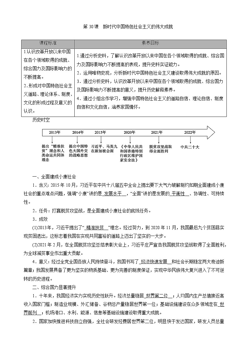 第30课新时代中国特色社会主义的伟大成就 导学案---2023-2024学年高一上学期统编版（2019）必修中外历史纲要上01