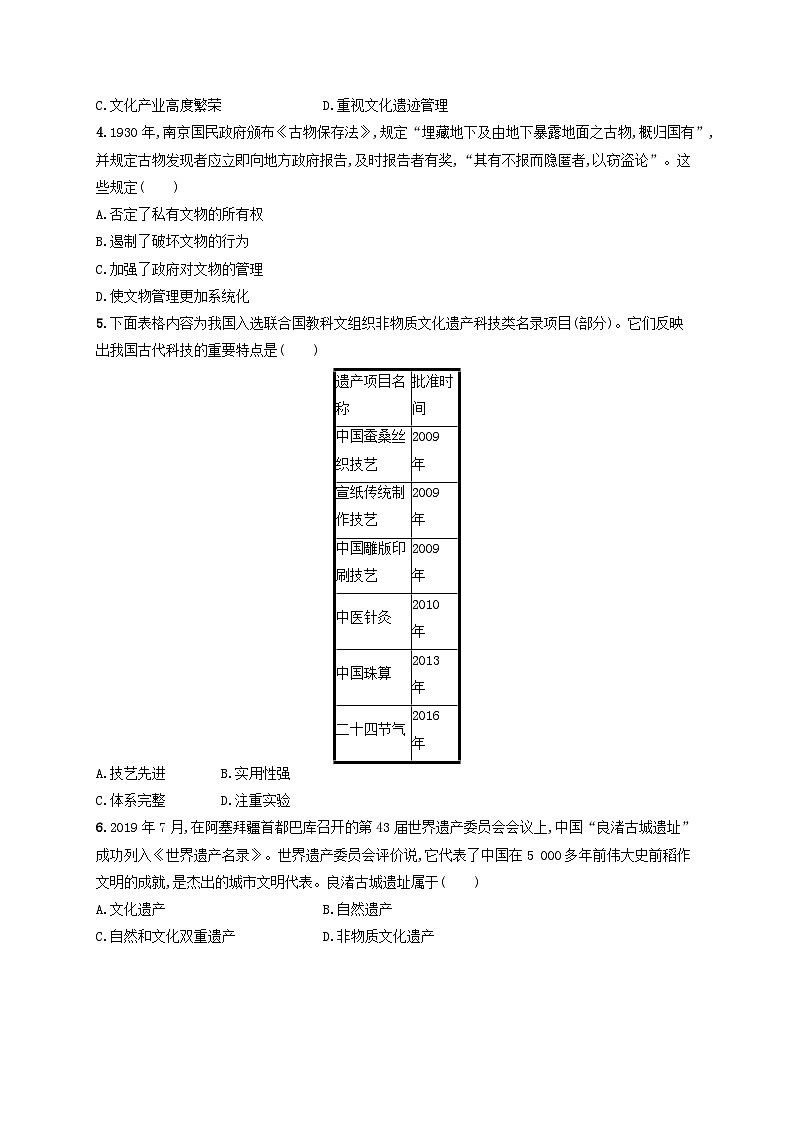 新教材2023_2024学年高中历史第6单元文化的传承与保护第15课文化遗产全人类共同的财富分层作业部编版选择性必修302