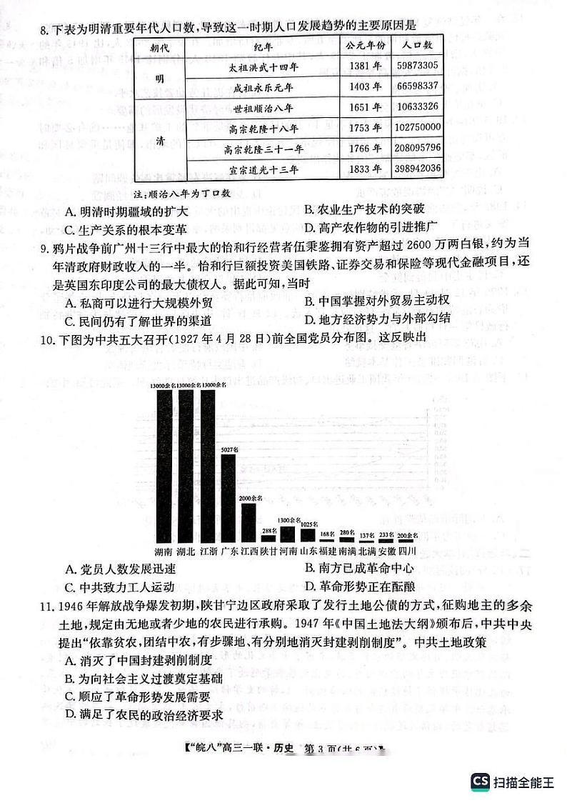 2024届安徽省皖南八校高三上学期第一次大联考历史试题第3页