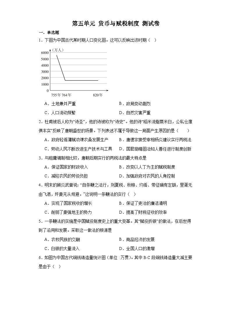 第五单元 货币与赋税制度 单元测试卷（含答案）2023-2024学年高中历史统编版2019选择性必修1第1页