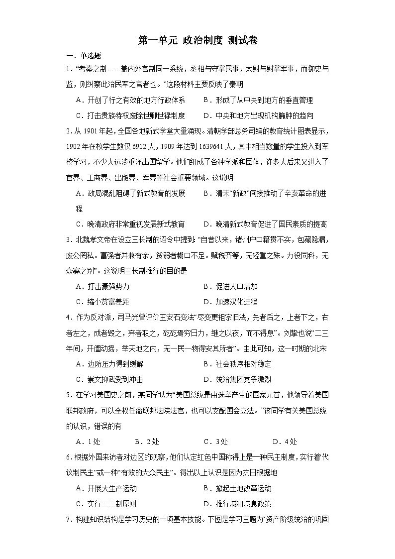 第一单元 政治制度 测试卷 2023-2024学年高中历史统编版2019选择性必修1（含答案）第1页