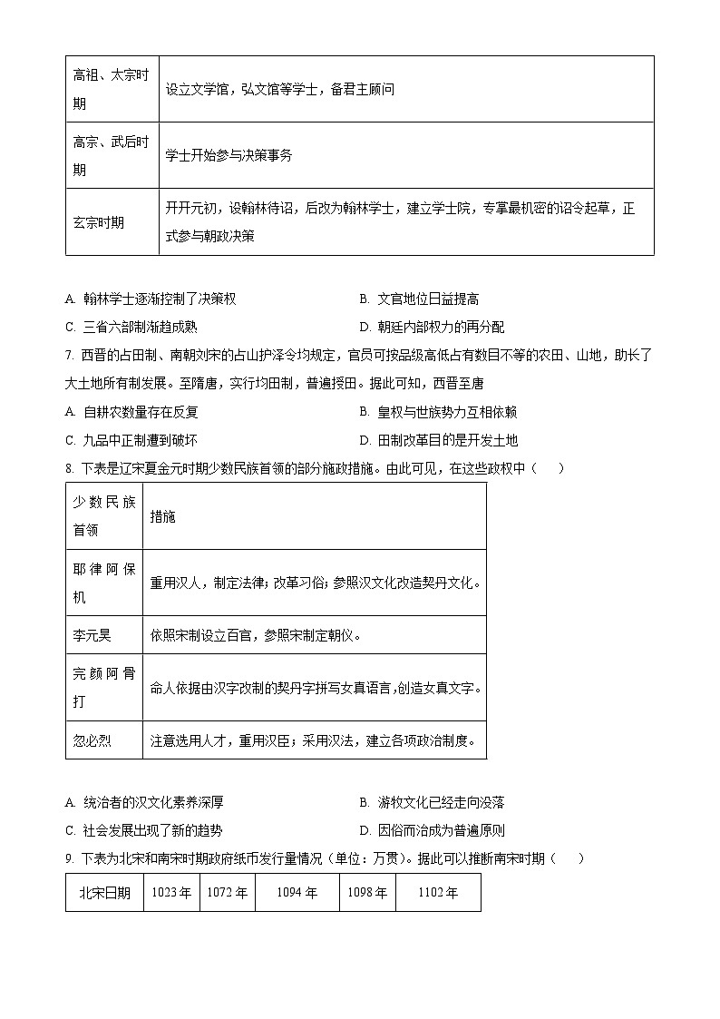 河南省鹤壁市高中2024届高三上学期第二次月考历史试题02