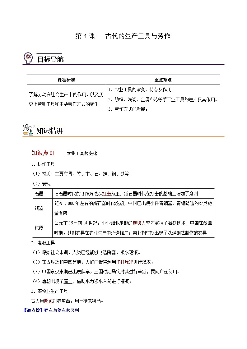 人教统编版高中历史选择性必修二精品同步讲义第4课 古代的生产工具与劳作（解析版）第1页