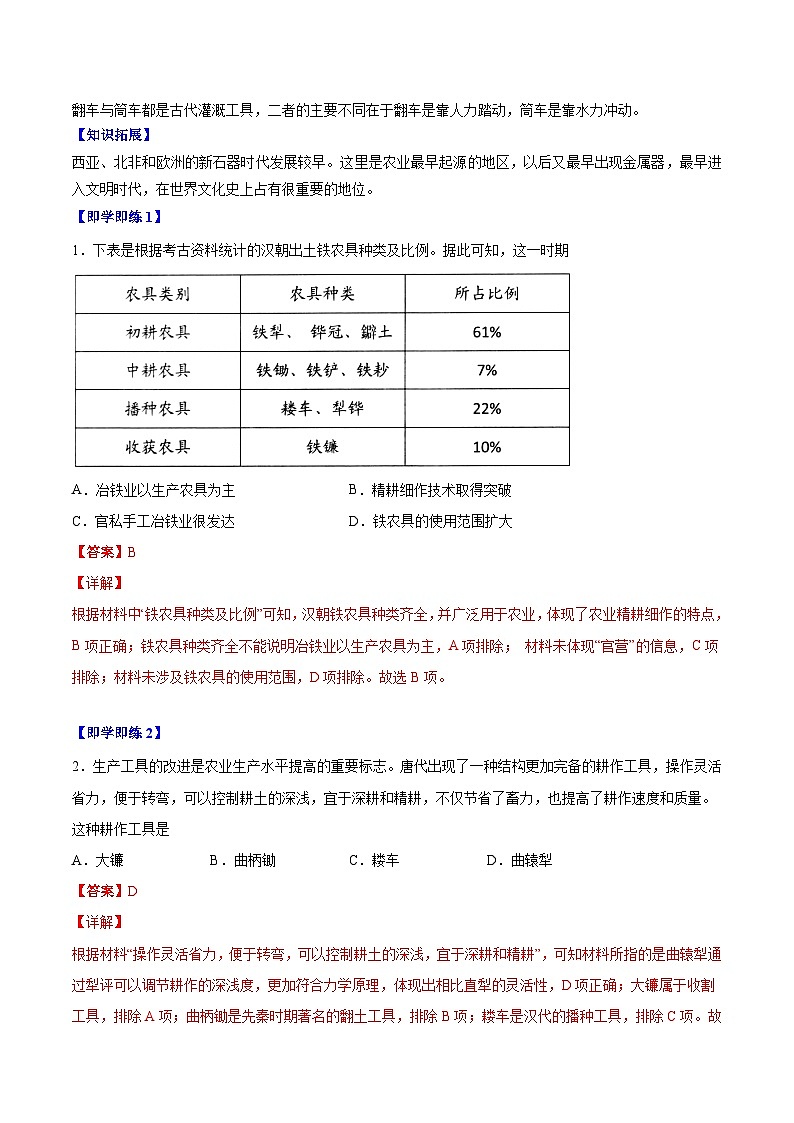 人教统编版高中历史选择性必修二精品同步讲义第4课 古代的生产工具与劳作（解析版）第2页