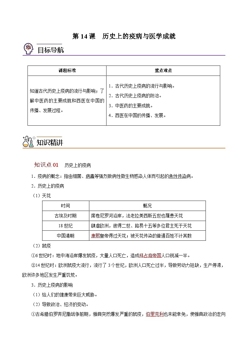 人教统编版高中历史选择性必修二精品同步讲义第14课 历史上的疫病与医学成就（解析版）第1页