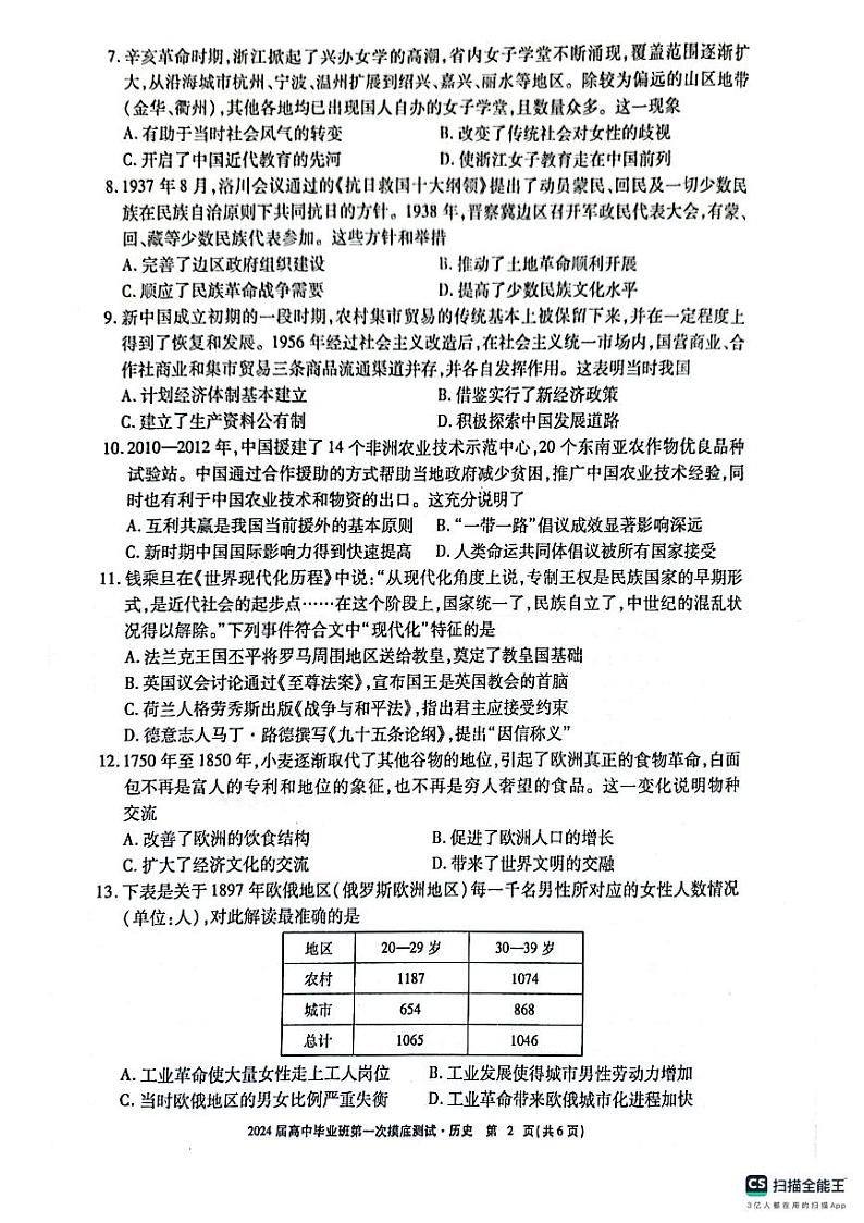 广西2024届高三历史上学期10月第一次摸底测试试题（PDF版附解析）第2页