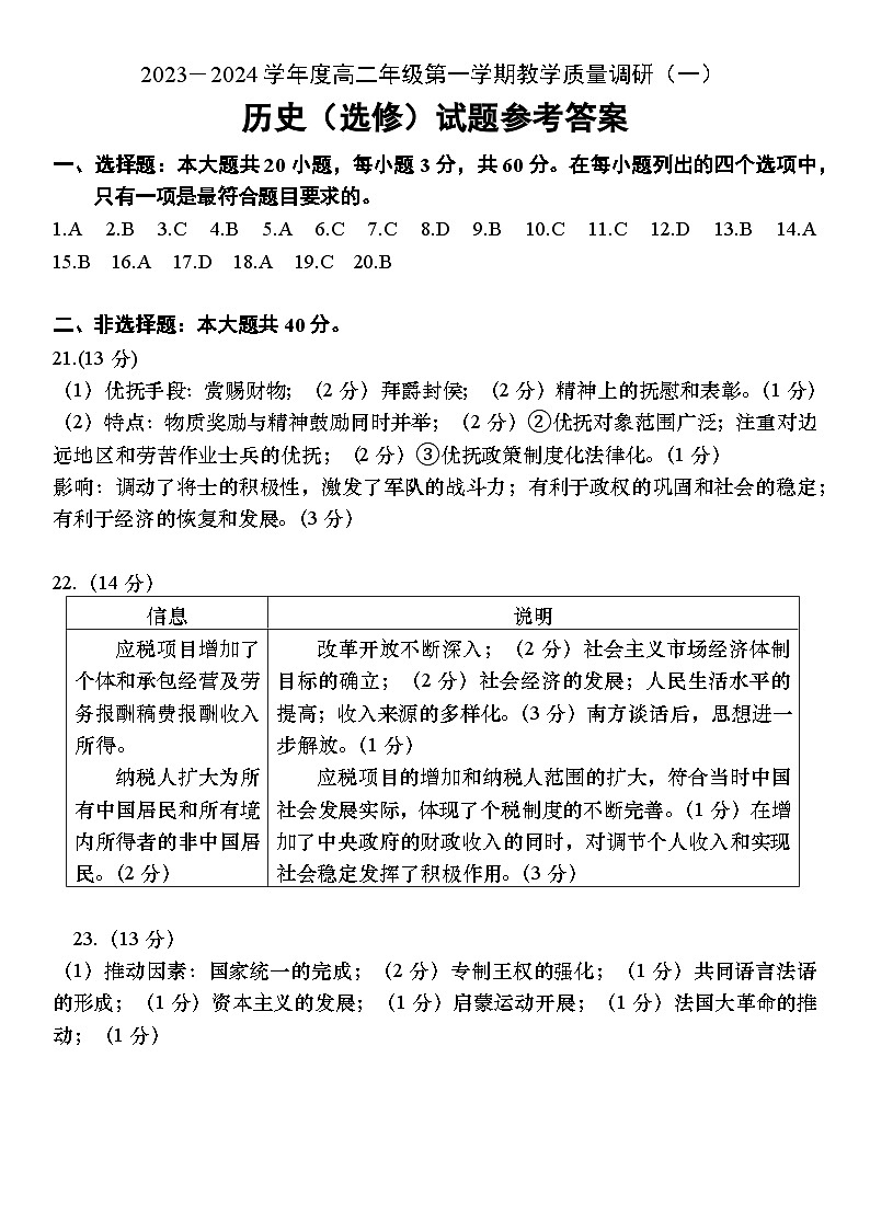 2024南通如皋高二上学期教学质量调研（一）历史（选修）PDF版含答案 试卷01
