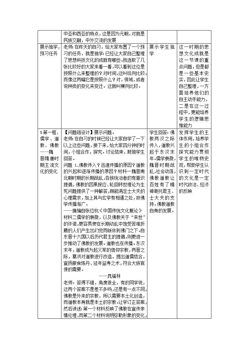 第8课 三国至隋唐的文化 教学设计（表格式）--2023-2024学年高一上学期统编版（2019）必修中外历史纲要上册03