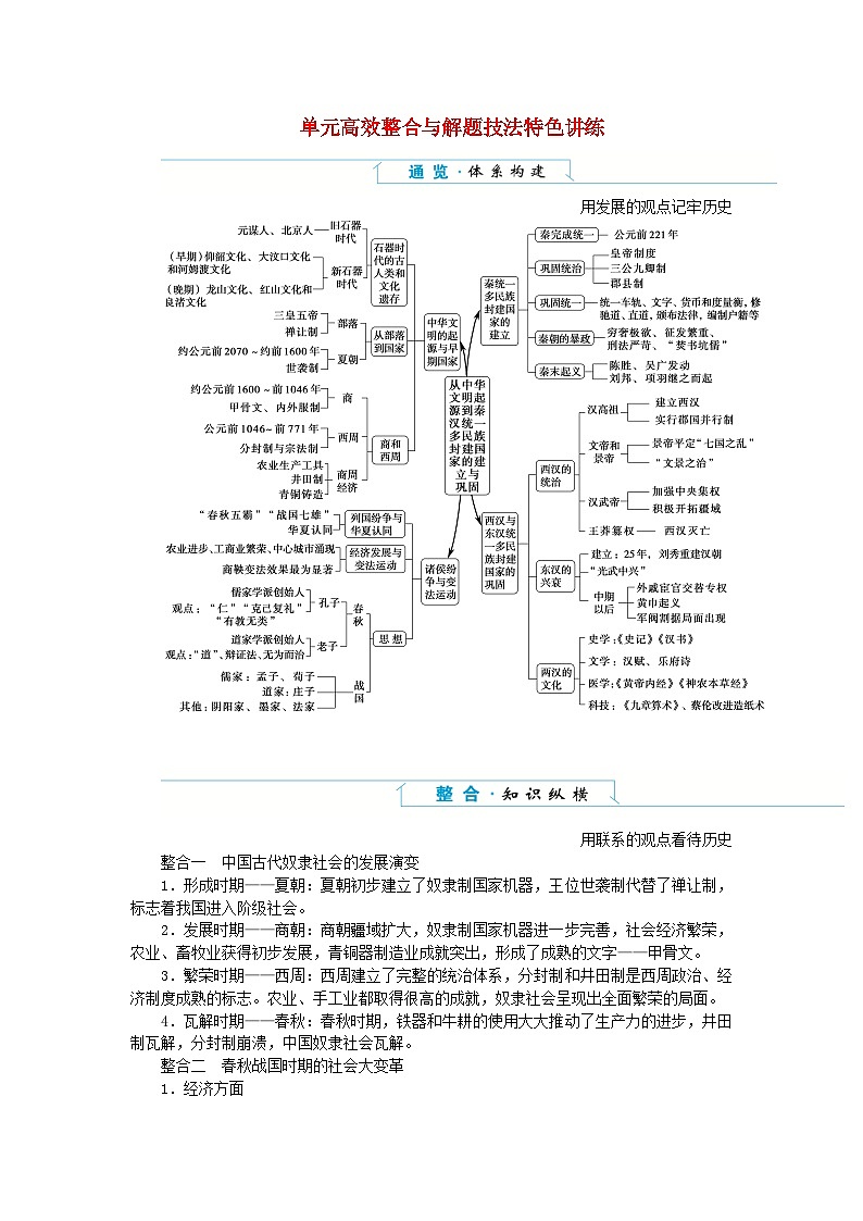 2024版新教材高中历史单元高效整合1第一单元从中华文明起源到秦汉统一多民族封建国家的建立与巩固导学案部编版必修中外历史纲要上01