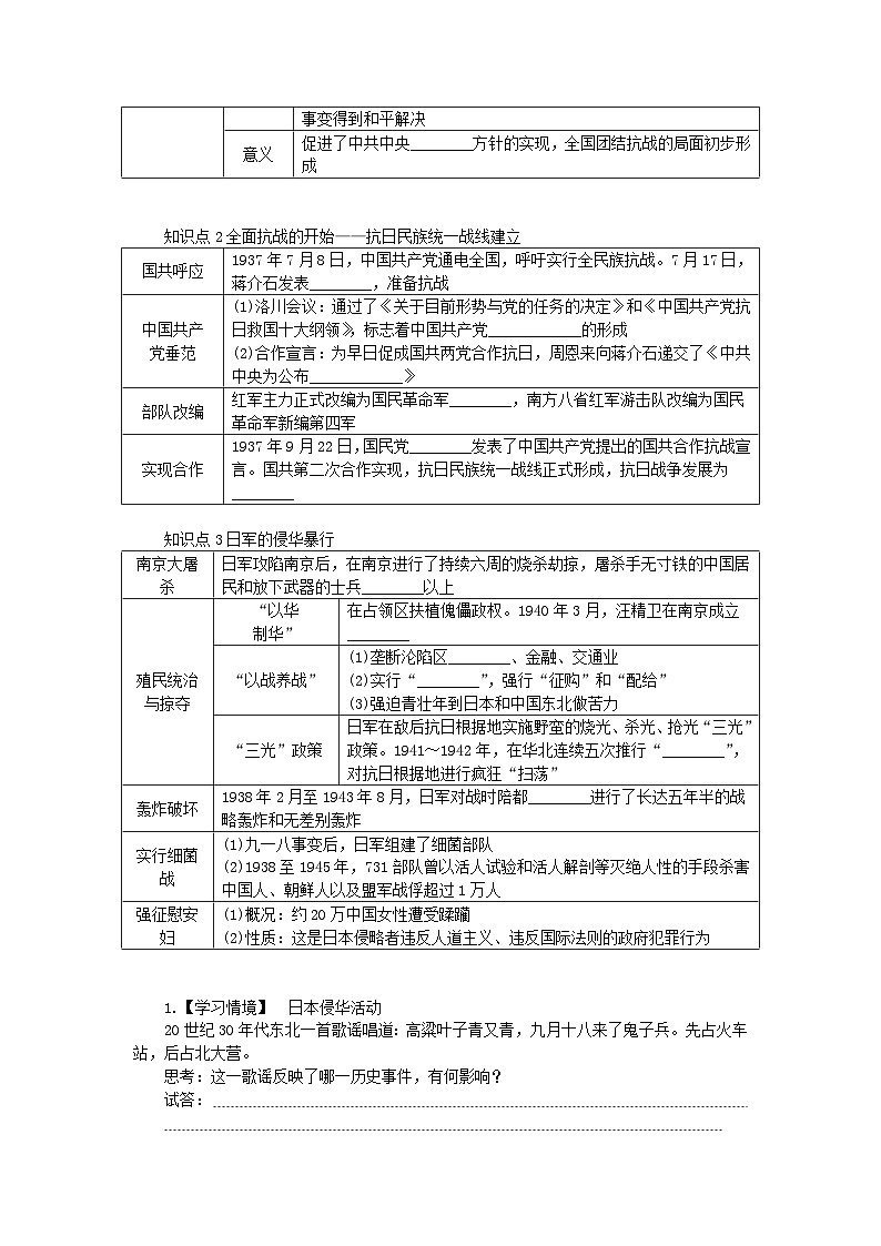 2024版新教材高中历史第八单元中华民族的抗日战争和人民解放战争第二十二课从局部抗战到全国抗战导学案部编版必修中外历史纲要上02
