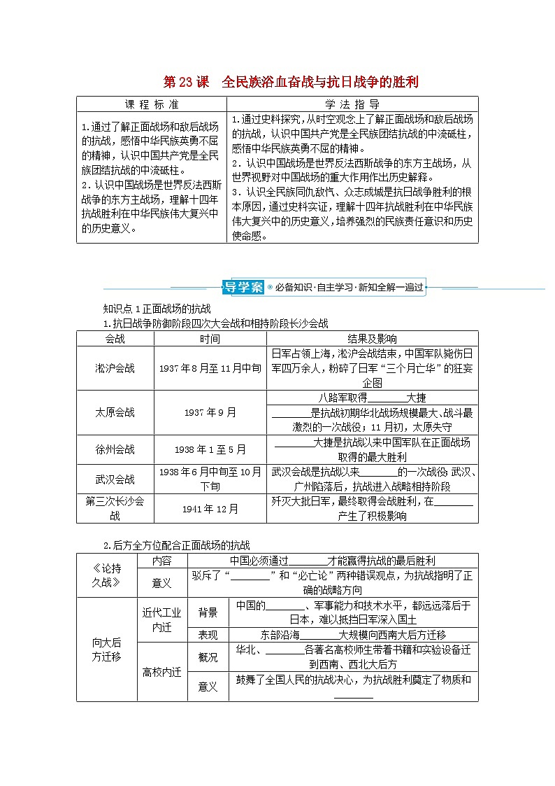 2024版新教材高中历史第八单元中华民族的抗日战争和人民解放战争第二十三课全民族浴血奋战与抗日战争的胜利导学案部编版必修中外历史纲要上01