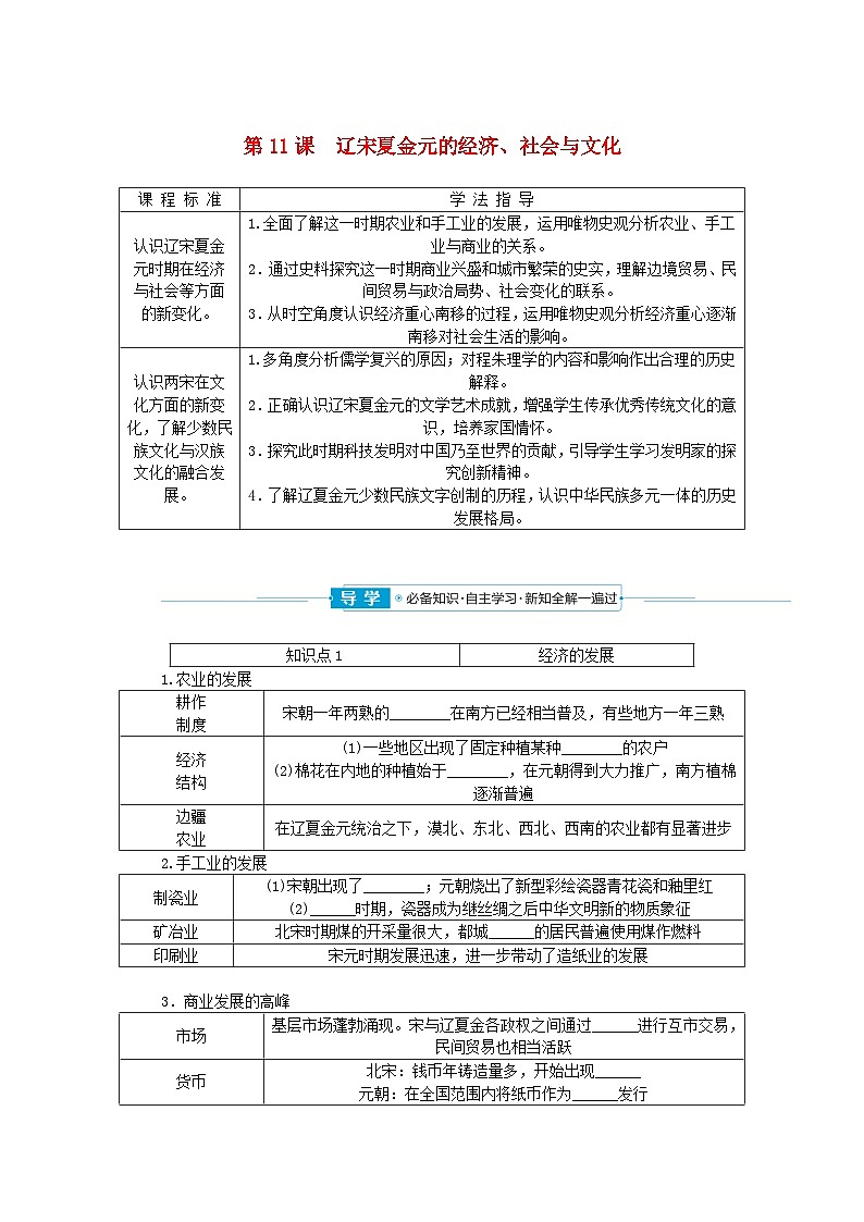 2024版新教材高中历史第三单元辽宋夏金多民族政权的并立与元朝的统一第十一课辽宋夏金元的经济社会与文化导学案部编版必修中外历史纲要上第1页