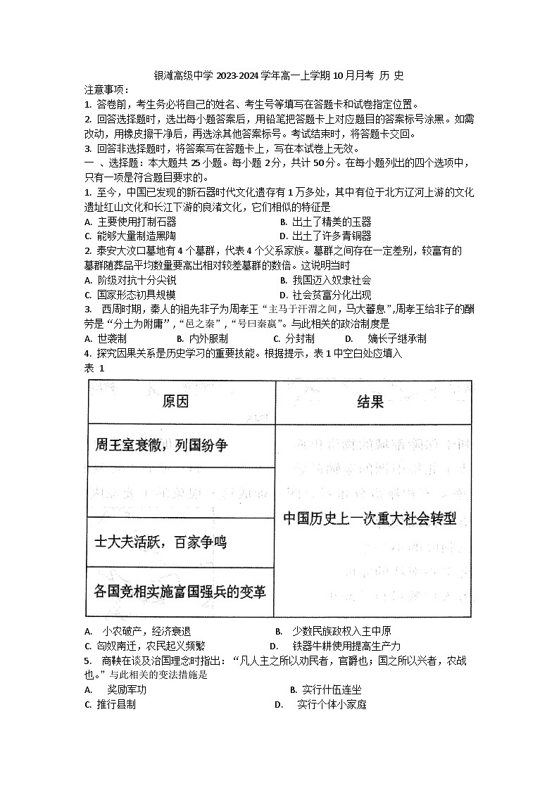 山东省威海市乳山市银滩高级中学2023-2024学年高一上学期10月月考历史试题（含答案）01
