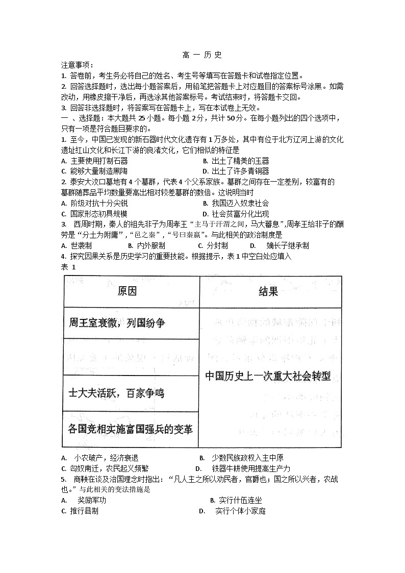 山东省乳山市银滩高级中学2023-2024学年高一上学期10月月考历史试题第1页