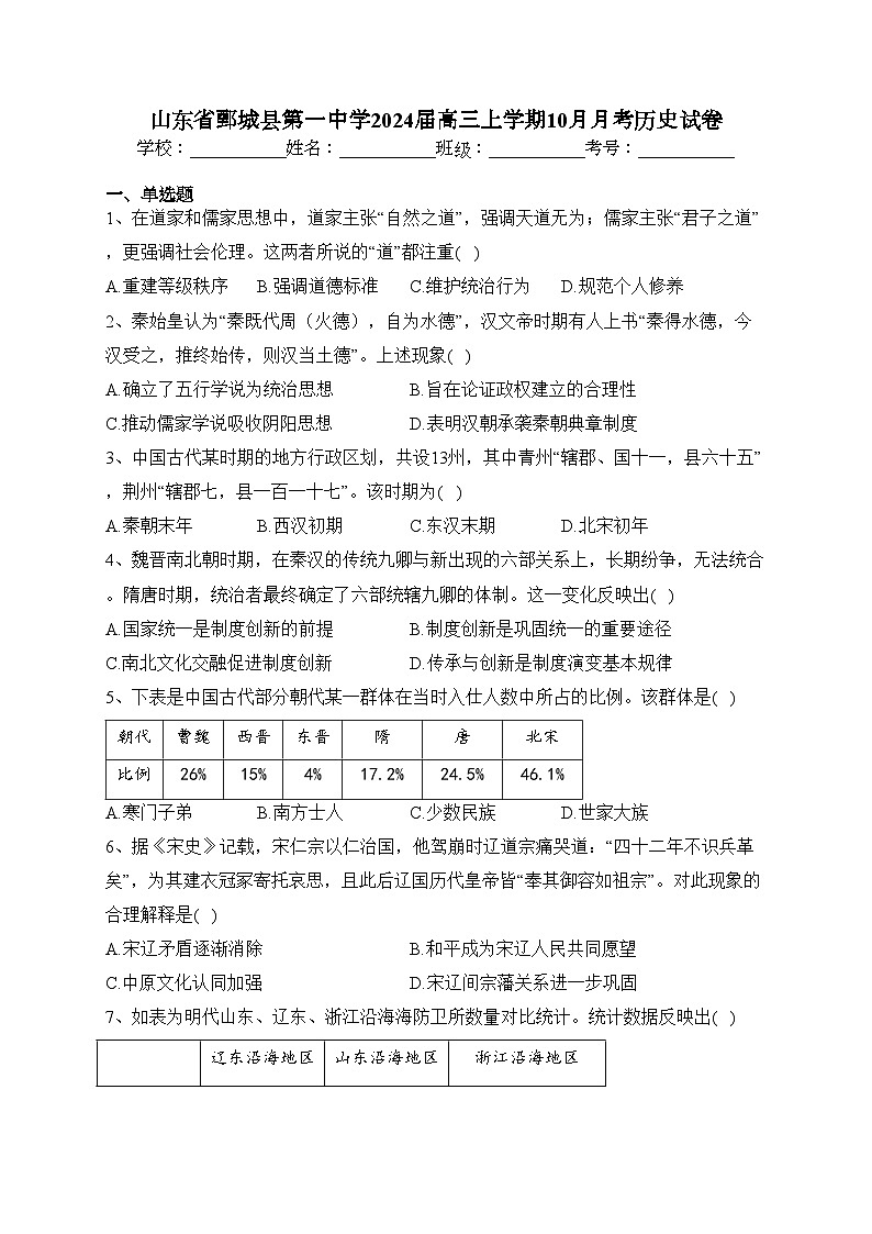山东省鄄城县第一中学2024届高三上学期10月月考历史试卷(含答案)01