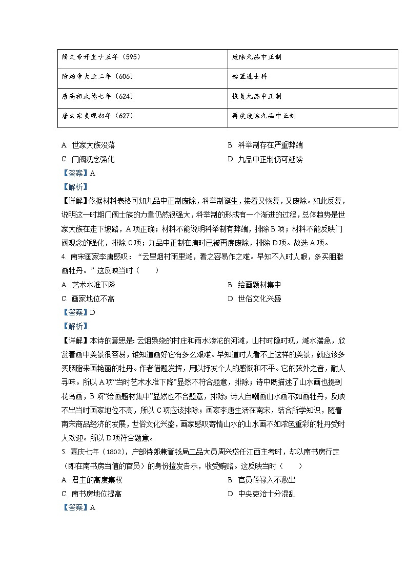 2022年新高考湖南历史高考真题（答案仅供参考）（解析版）02